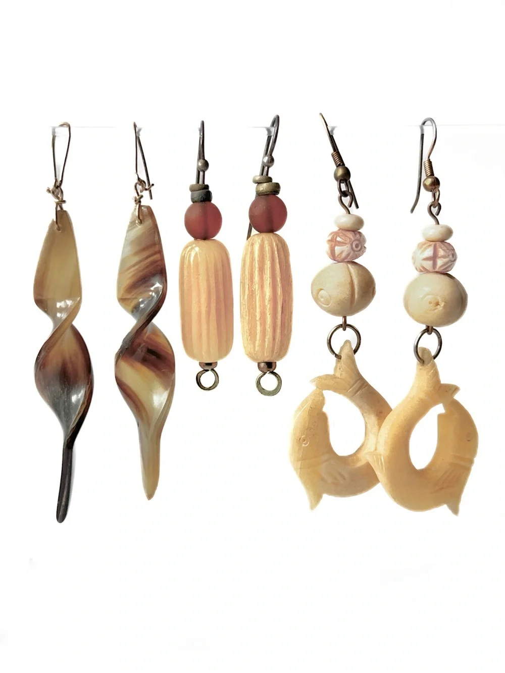 Vintage Lot 3 pr Organic Natural Bone Shell Dangle Drop Earrings